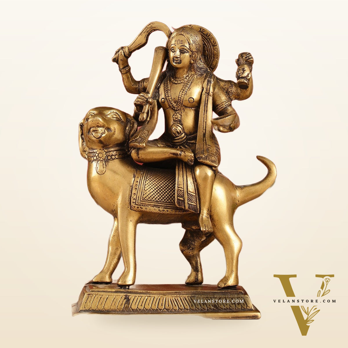 Pure Brass Lord Kaal Bhairava Sitting on Dog Vahana - 9.75"