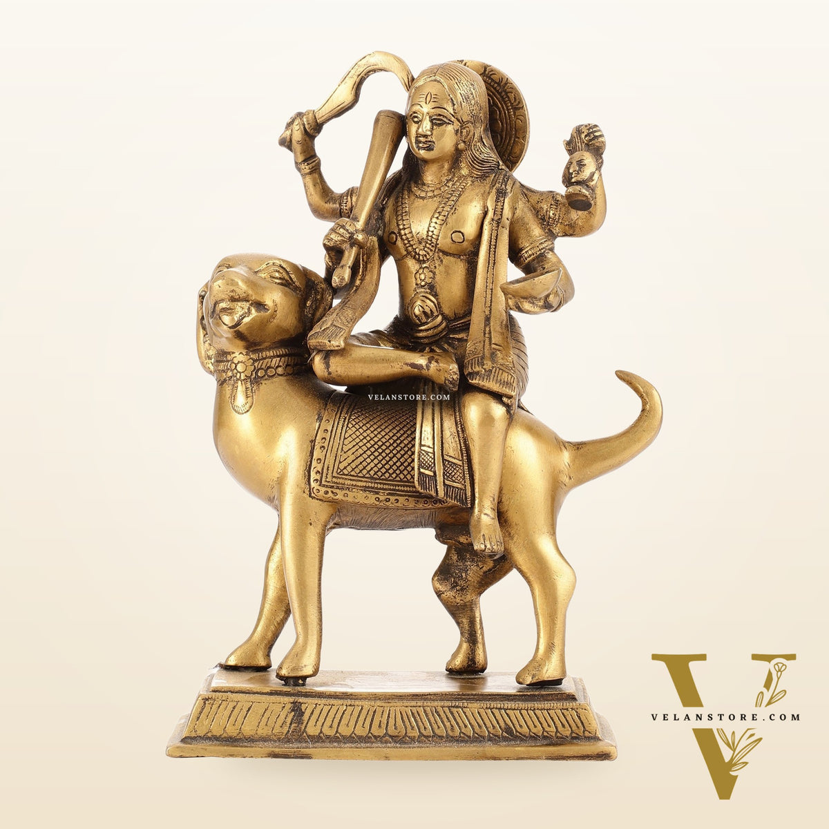 Pure Brass Lord Kaal Bhairava Sitting on Dog Vahana - 9.75"