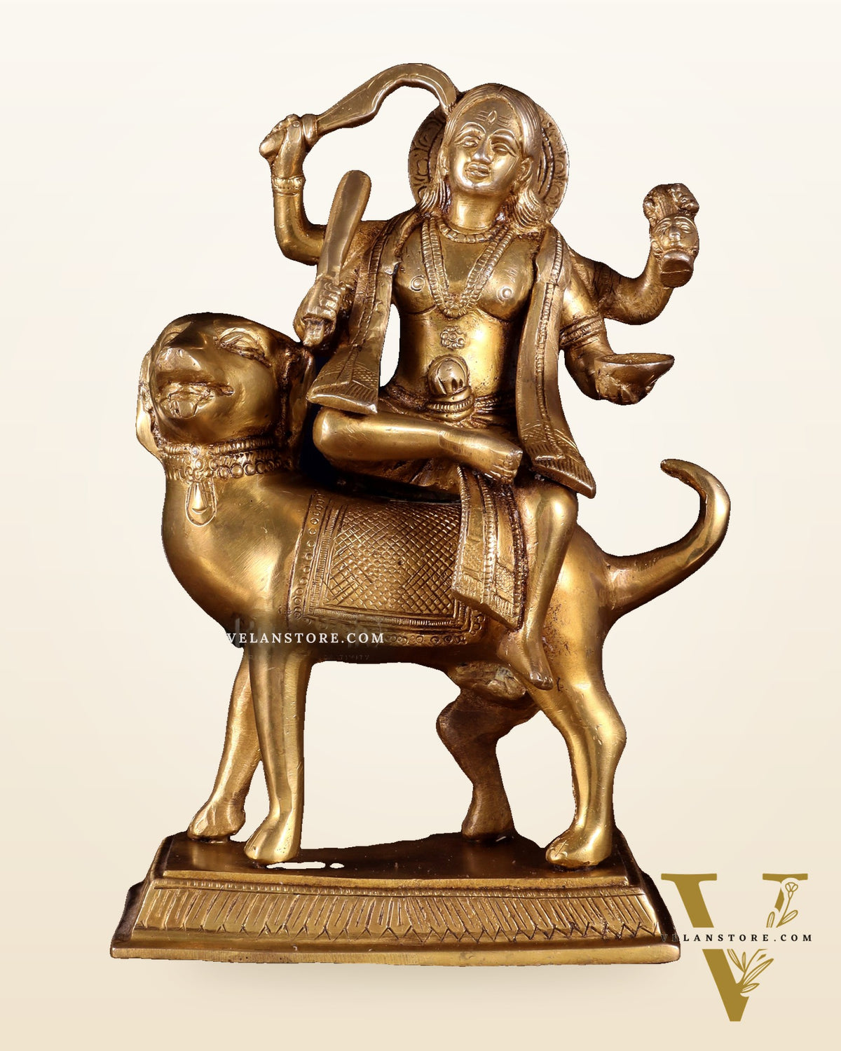 Pure Brass Lord Kaal Bhairava Sitting on Dog Vahana - 9.75"