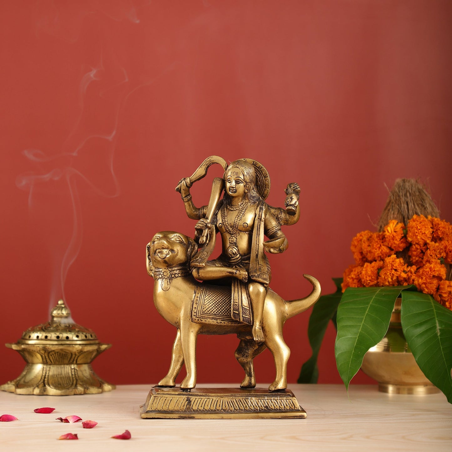 Pure Brass Lord Kaal Bhairava Sitting on Dog Vahana - 9.75"