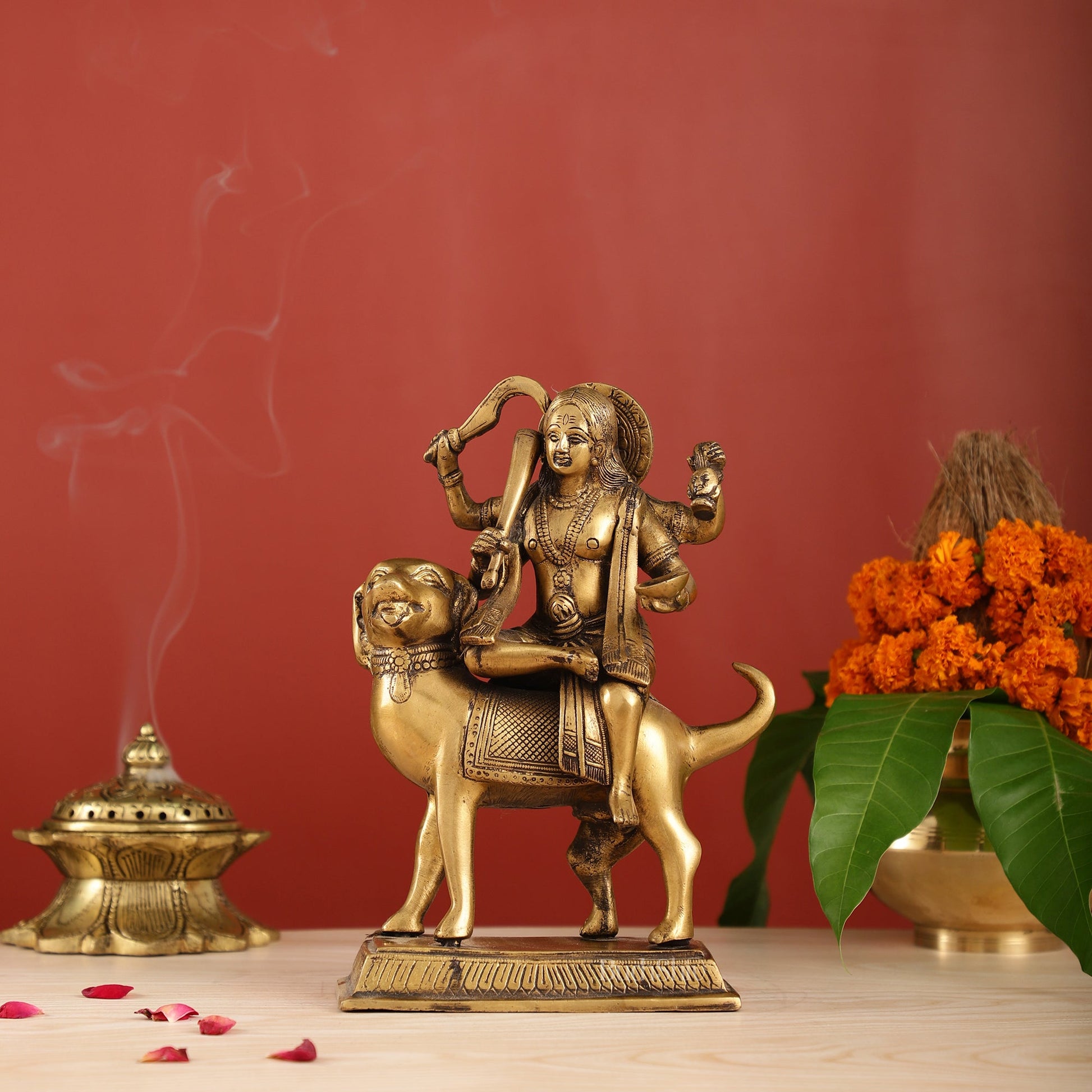 Pure Brass Lord Kaal Bhairava Sitting on Dog Vahana - 9.75"