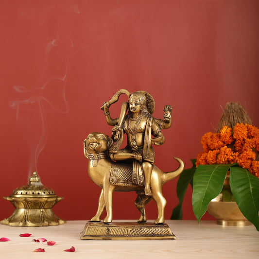 Pure Brass Lord Kaal Bhairava Sitting on Dog Vahana - 9.75"
