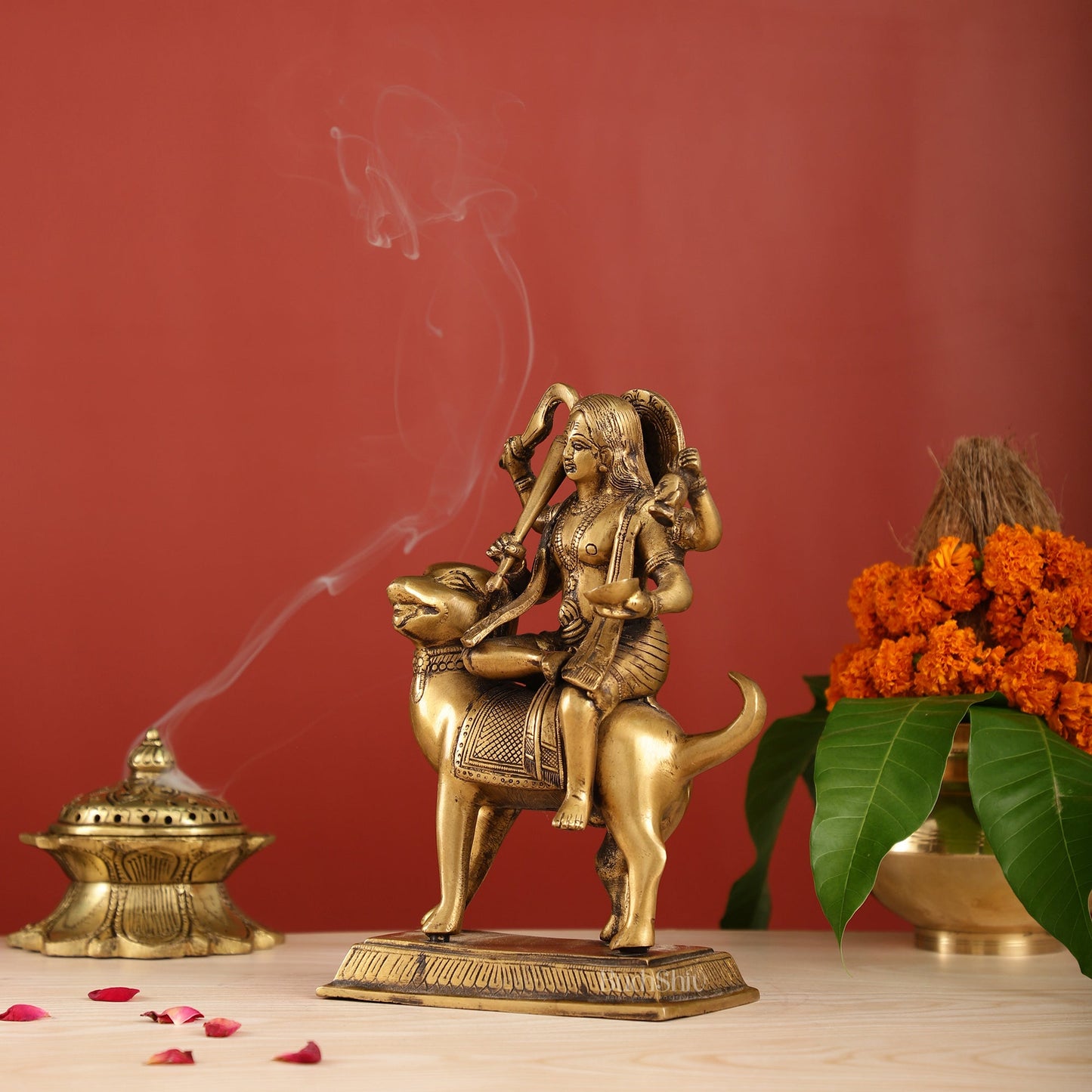 Pure Brass Lord Kaal Bhairava Sitting on Dog Vahana - 9.75"