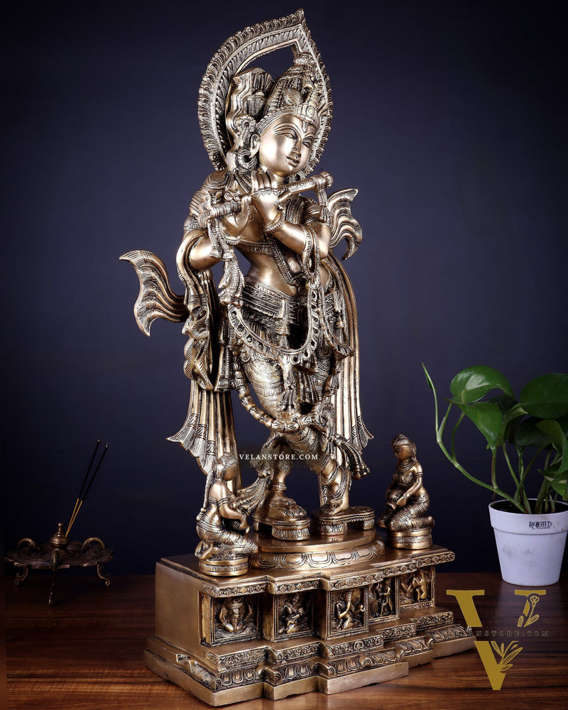 Pure Brass Lord Krishna Chola-Inspired Sculpture 25 inch