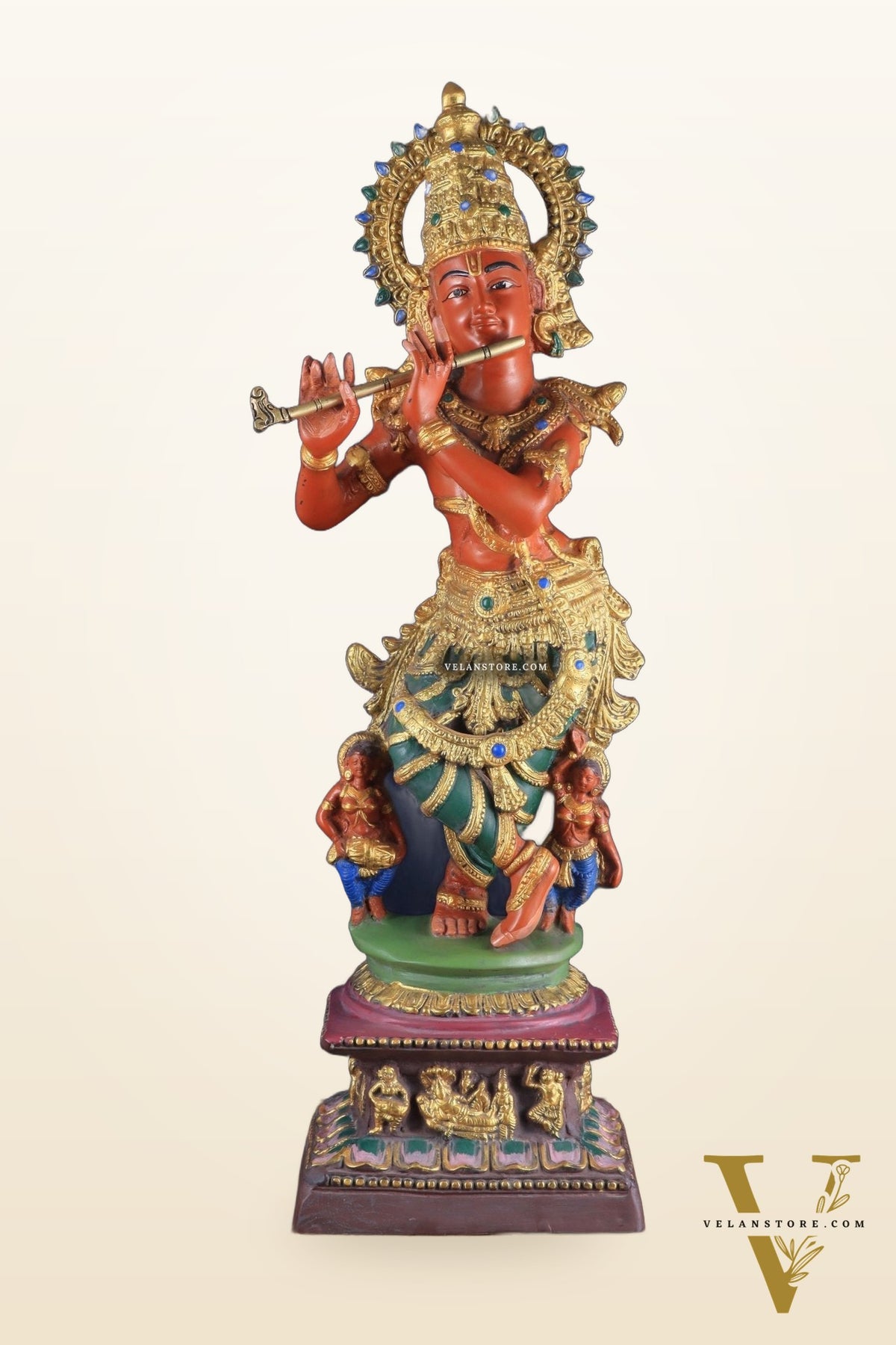 Pure Brass Lord Krishna Hand-Painted Masterpiece – Exquisite Artwork 30"