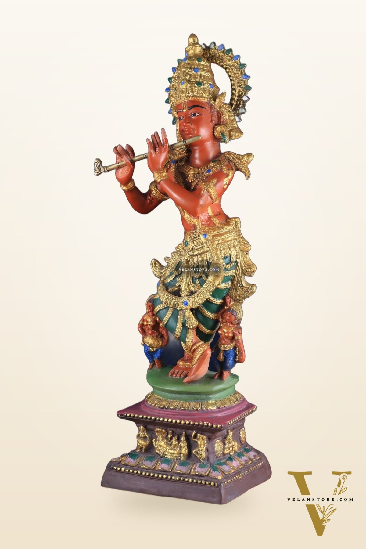Pure Brass Lord Krishna Hand-Painted Masterpiece – Exquisite Artwork 30"