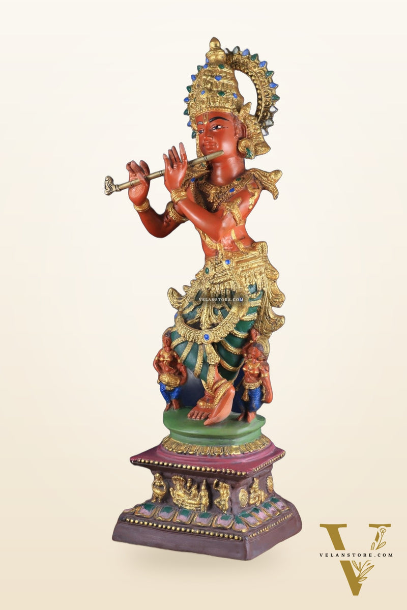 Pure Brass Lord Krishna Hand-Painted Masterpiece – Exquisite Artwork 30"