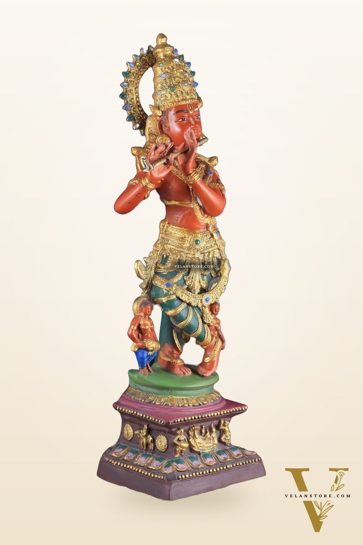 Pure Brass Lord Krishna Hand-Painted Masterpiece – Exquisite Artwork 30"