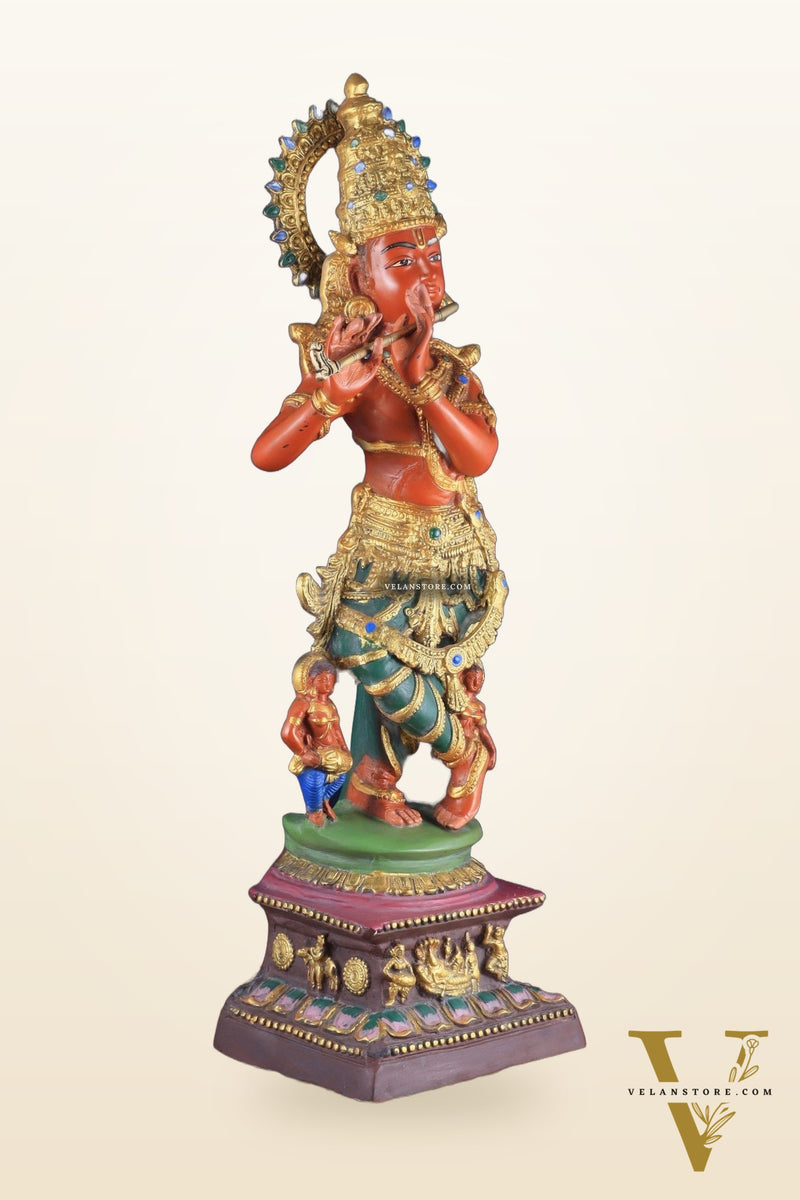 Pure Brass Lord Krishna Hand-Painted Masterpiece – Exquisite Artwork 30"