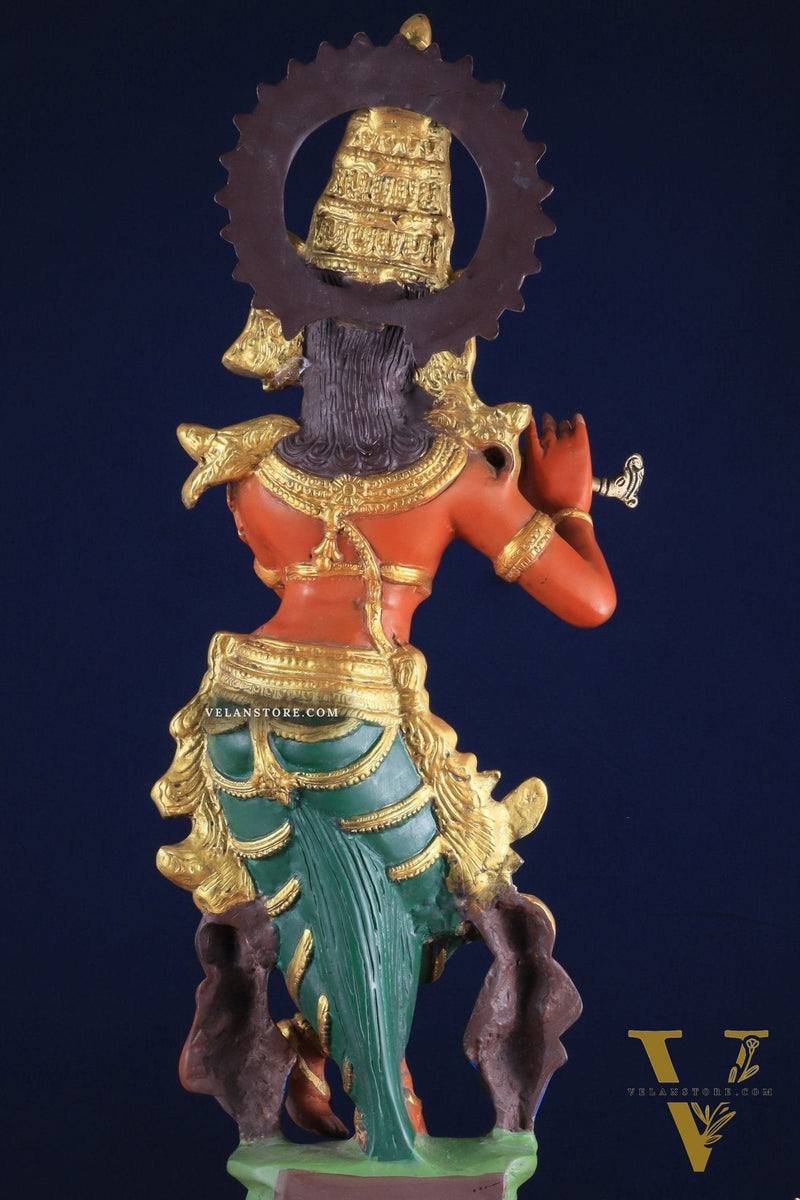 Pure Brass Lord Krishna Hand-Painted Masterpiece – Exquisite Artwork 30"