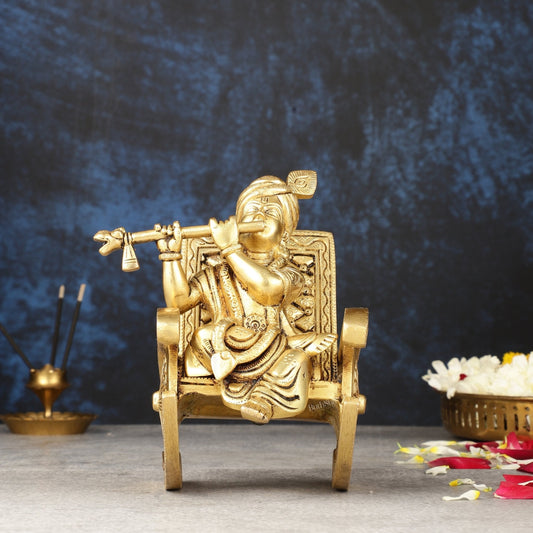 Pure Brass Lord Krishna Seated on Swinging Chair Idol Showpiece | 7"