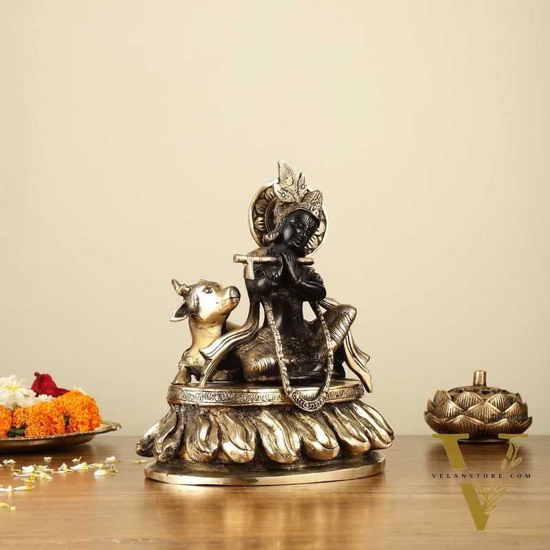 Pure Brass Lord Krishna Sitting with Cow Idol 8.5" black