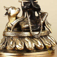 Pure Brass Lord Krishna Sitting with Cow Idol 8.5" black