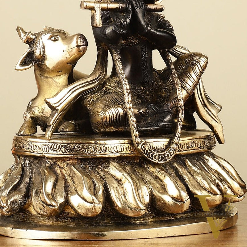 Pure Brass Lord Krishna Sitting with Cow Idol 8.5" black