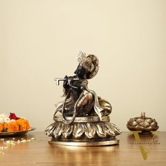 Pure Brass Lord Krishna Sitting with Cow Idol 8.5" black