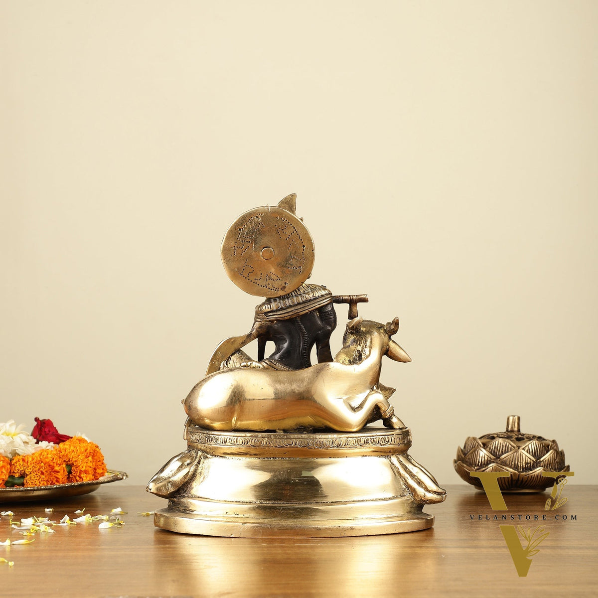 Pure Brass Lord Krishna Sitting with Cow Idol 8.5" black