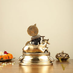 Pure Brass Lord Krishna Sitting with Cow Idol 8.5" black
