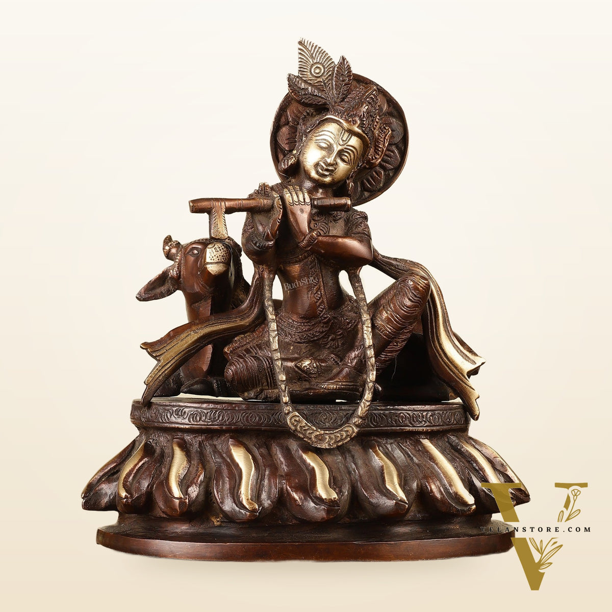 Pure Brass Lord Krishna Sitting with Cow Idol 8.5"