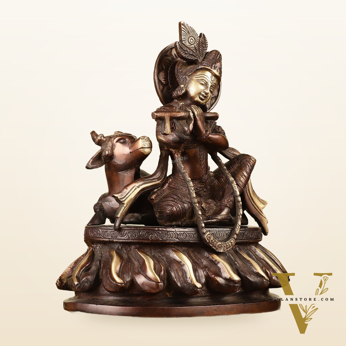 Pure Brass Lord Krishna Sitting with Cow Idol 8.5"
