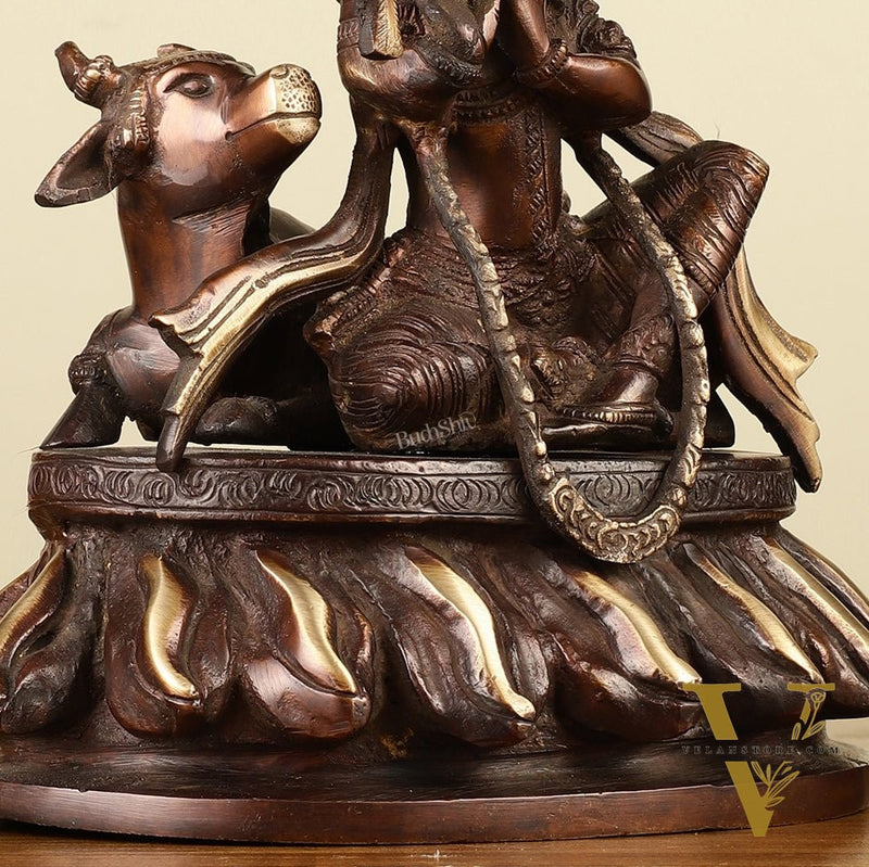 Pure Brass Lord Krishna Sitting with Cow Idol 8.5"