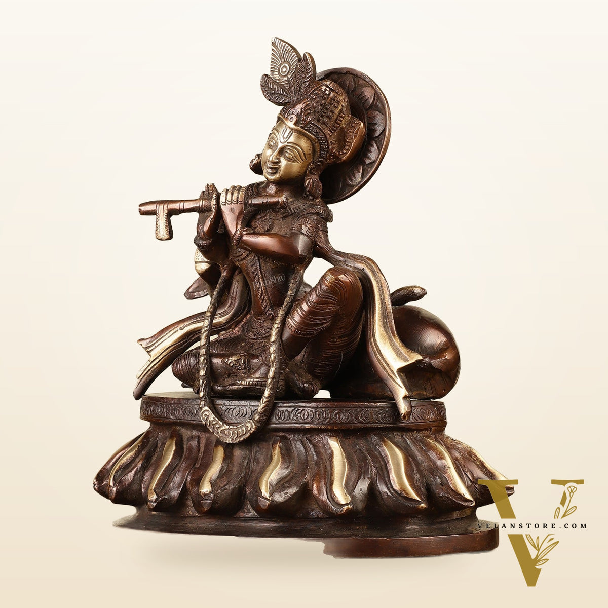 Pure Brass Lord Krishna Sitting with Cow Idol 8.5"