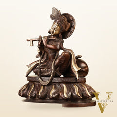 Pure Brass Lord Krishna Sitting with Cow Idol 8.5"