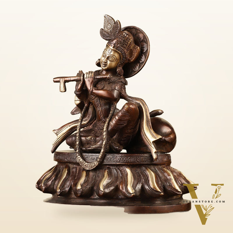 Pure Brass Lord Krishna Sitting with Cow Idol 8.5"