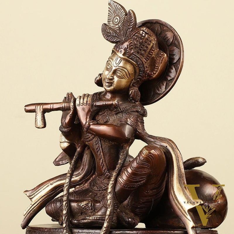 Pure Brass Lord Krishna Sitting with Cow Idol 8.5"