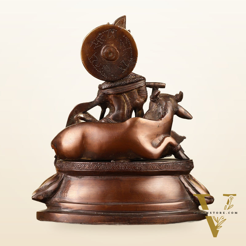 Pure Brass Lord Krishna Sitting with Cow Idol 8.5"