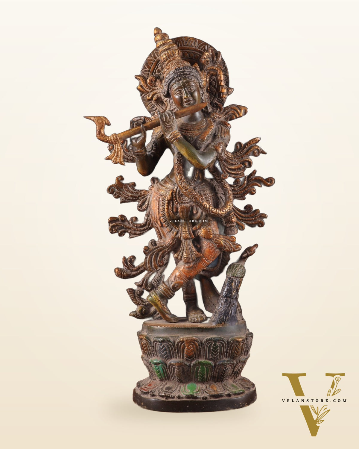 Pure Brass Lord Krishna Statue – 12" x 5.6" x 2.6" | Antique Sand Patina Finish