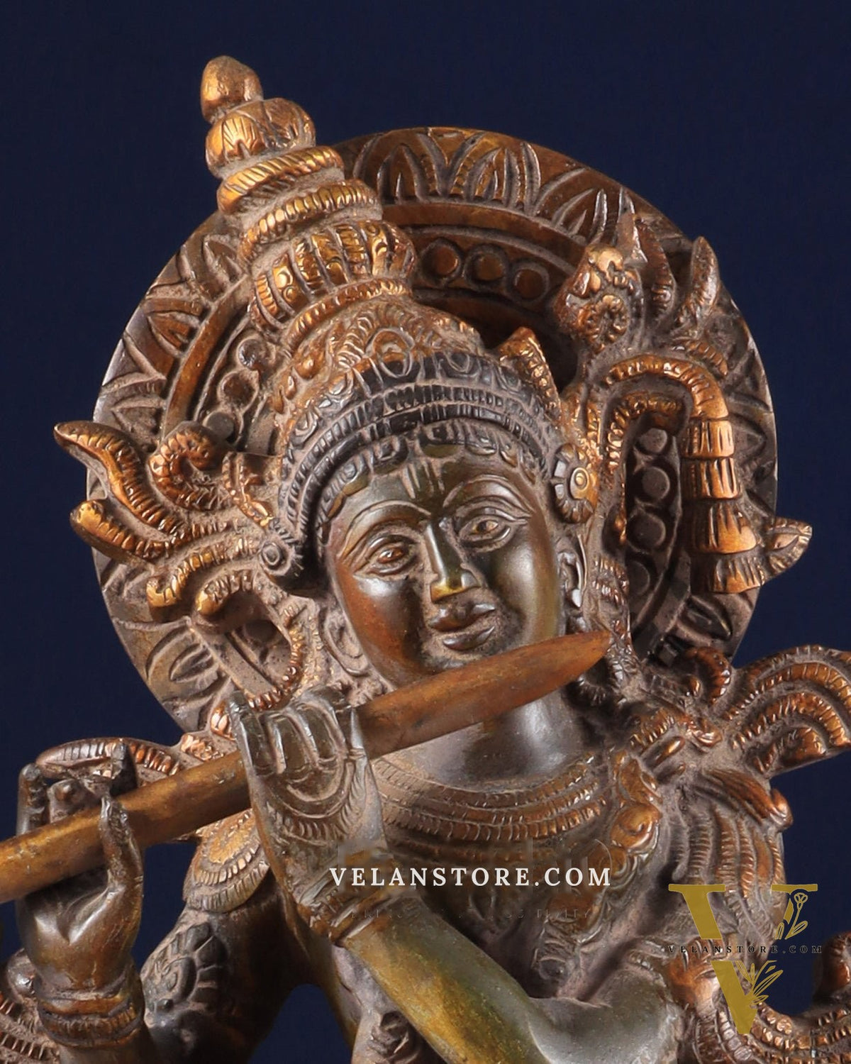Pure Brass Lord Krishna Statue – 12" x 5.6" x 2.6" | Antique Sand Patina Finish