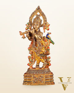 Pure Brass Lord Krishna Statue - 13.5 Inch laakh meenakari