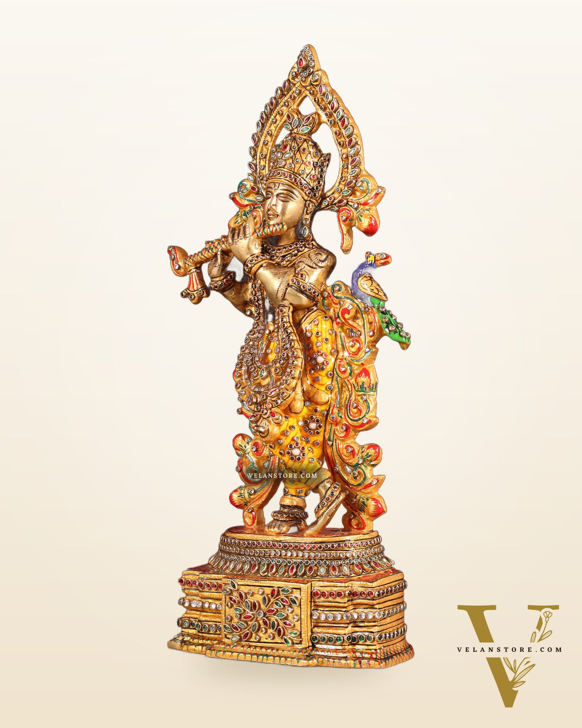 Pure Brass Lord Krishna Statue - 13.5 Inch laakh meenakari