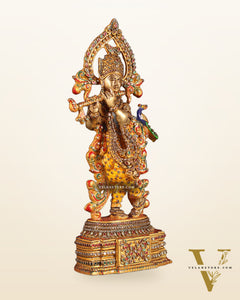 Pure Brass Lord Krishna Statue - 13.5 Inch laakh meenakari