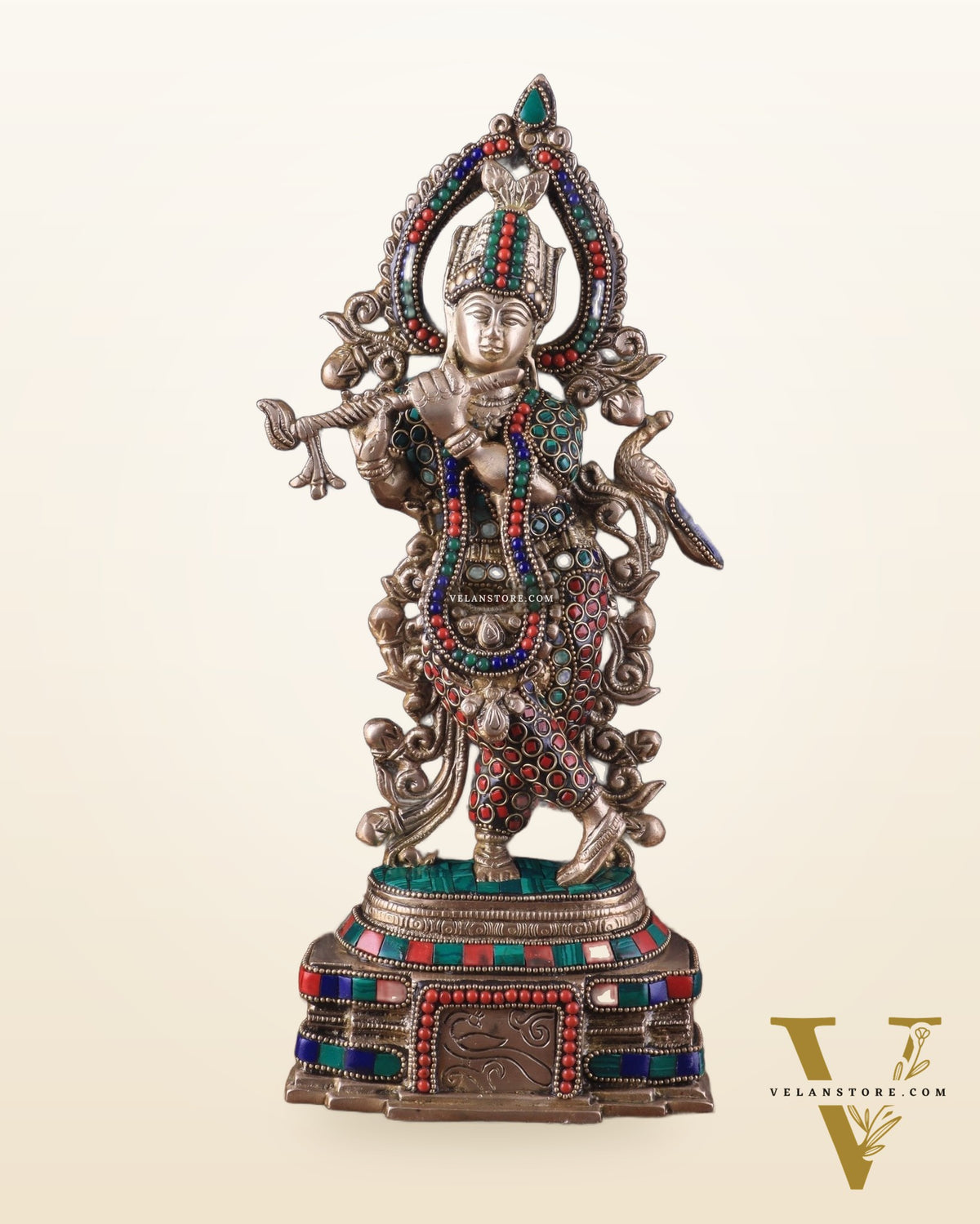 Pure Brass Lord Krishna Statue - 13.5 Inch stonework