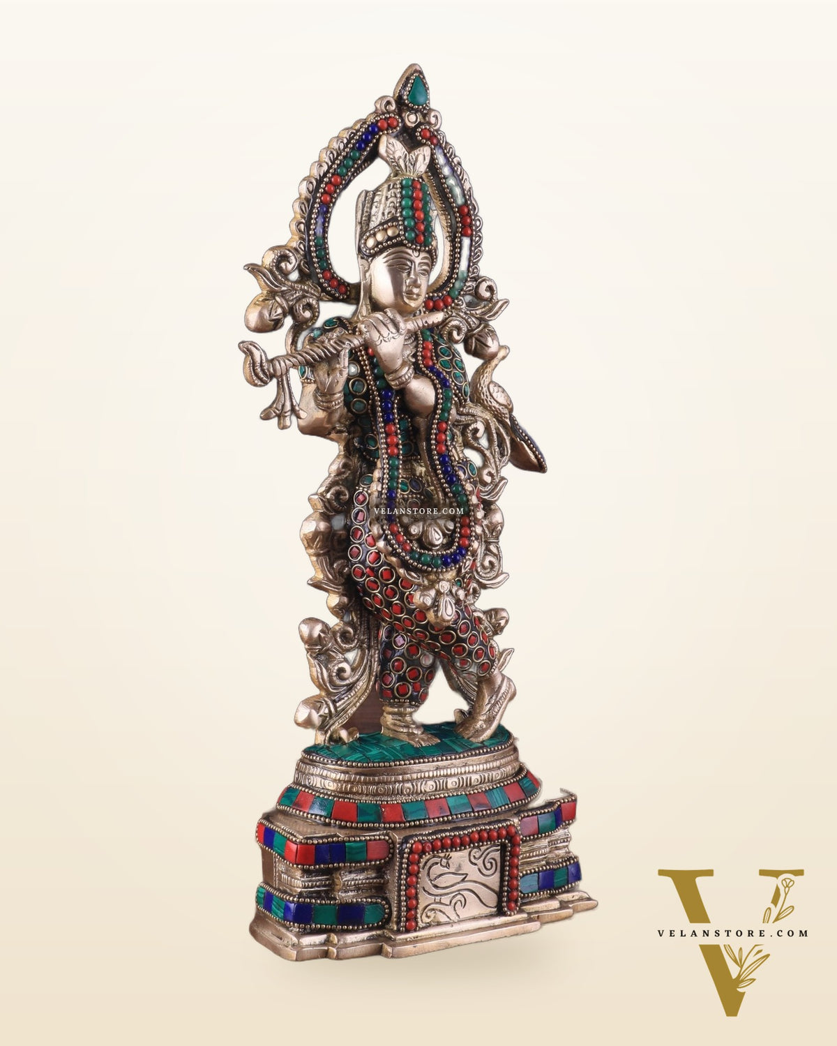 Pure Brass Lord Krishna Statue - 13.5 Inch stonework