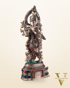 Pure Brass Lord Krishna Statue - 13.5 Inch stonework