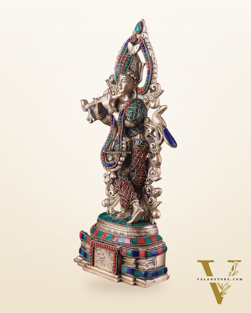 Pure Brass Lord Krishna Statue - 13.5 Inch stonework