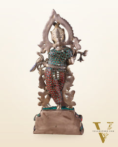 Pure Brass Lord Krishna Statue - 13.5 Inch stonework