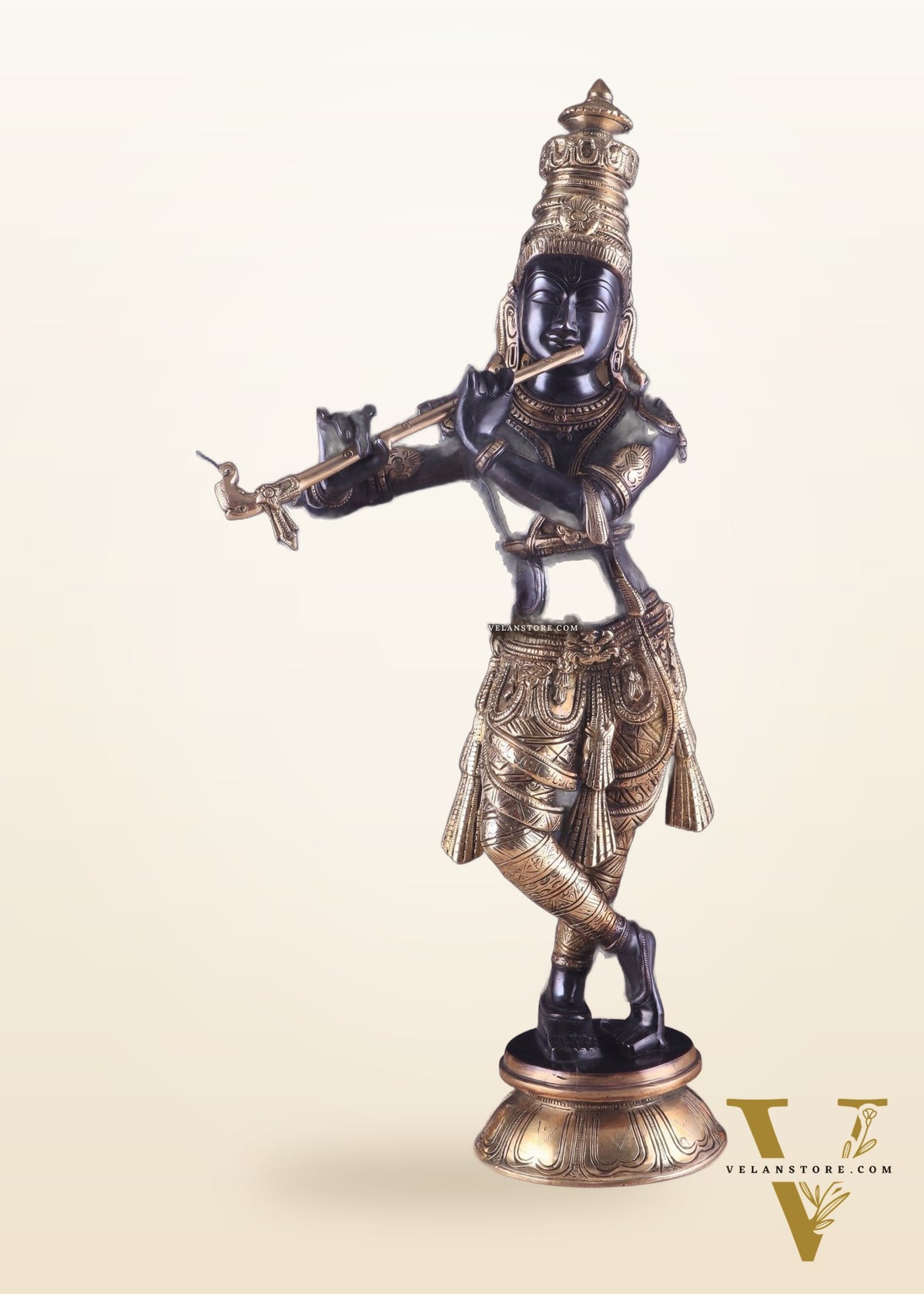 Pure Brass Lord Krishna Statue - Black & Gold Finish, 23 Inches