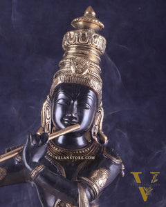 Pure Brass Lord Krishna Statue - Black & Gold Finish, 23 Inches