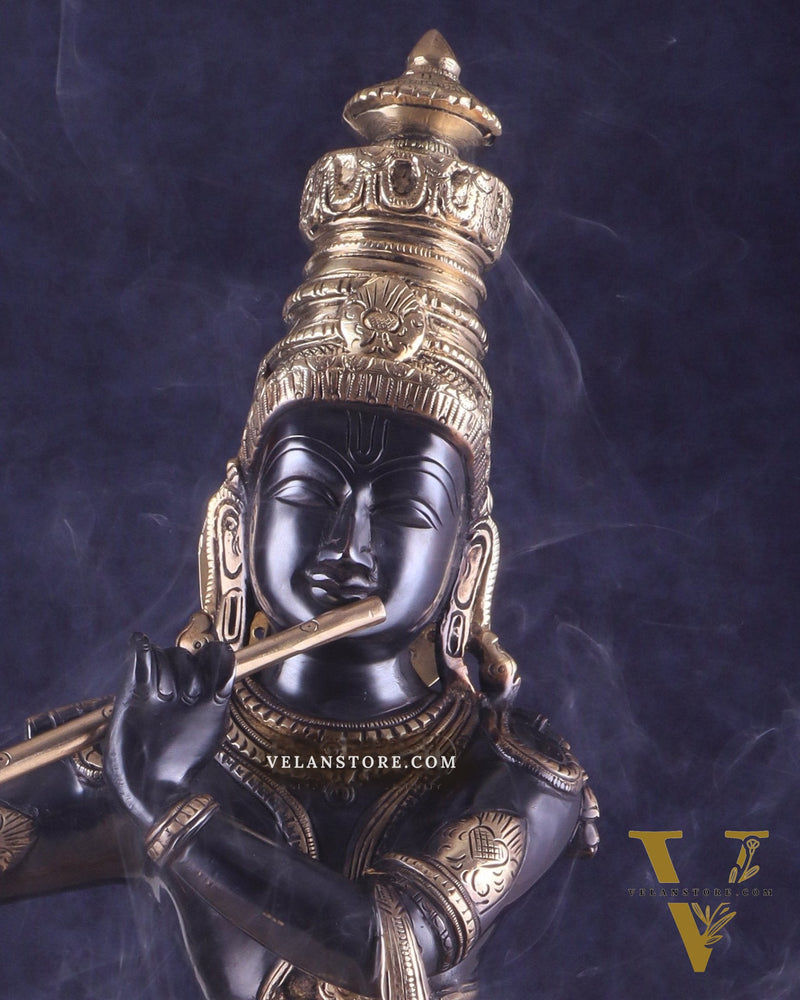 Pure Brass Lord Krishna Statue - Black & Gold Finish, 23 Inches