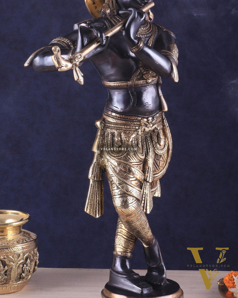 Pure Brass Lord Krishna Statue - Black & Gold Finish, 23 Inches