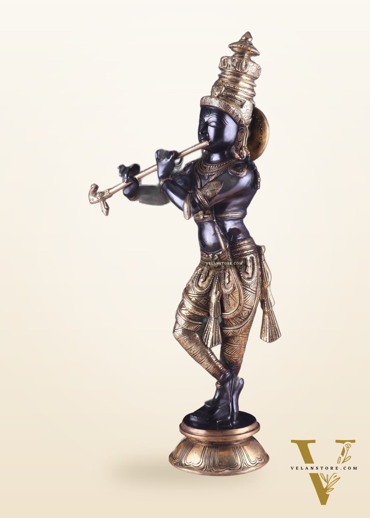 Pure Brass Lord Krishna Statue - Black & Gold Finish, 23 Inches