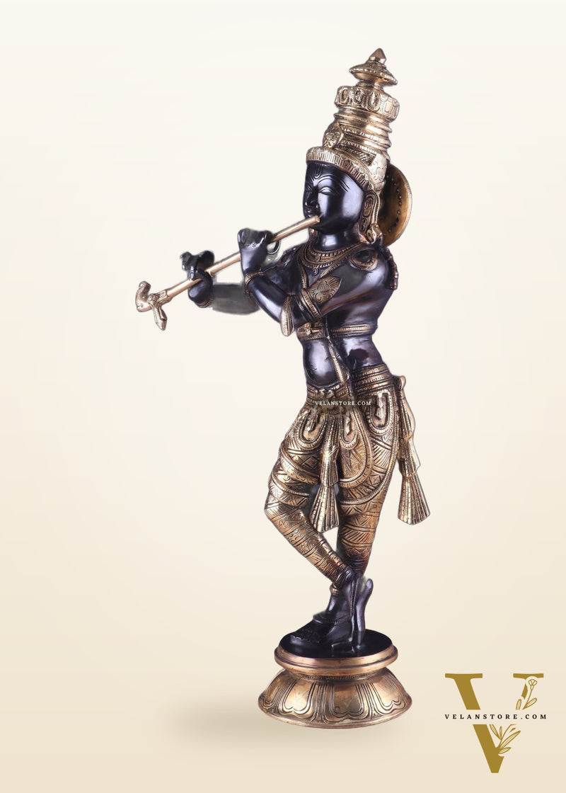 Pure Brass Lord Krishna Statue - Black & Gold Finish, 23 Inches