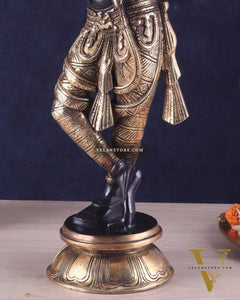 Pure Brass Lord Krishna Statue - Black & Gold Finish, 23 Inches