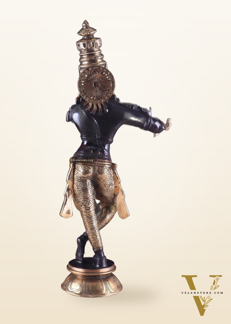 Pure Brass Lord Krishna Statue - Black & Gold Finish, 23 Inches