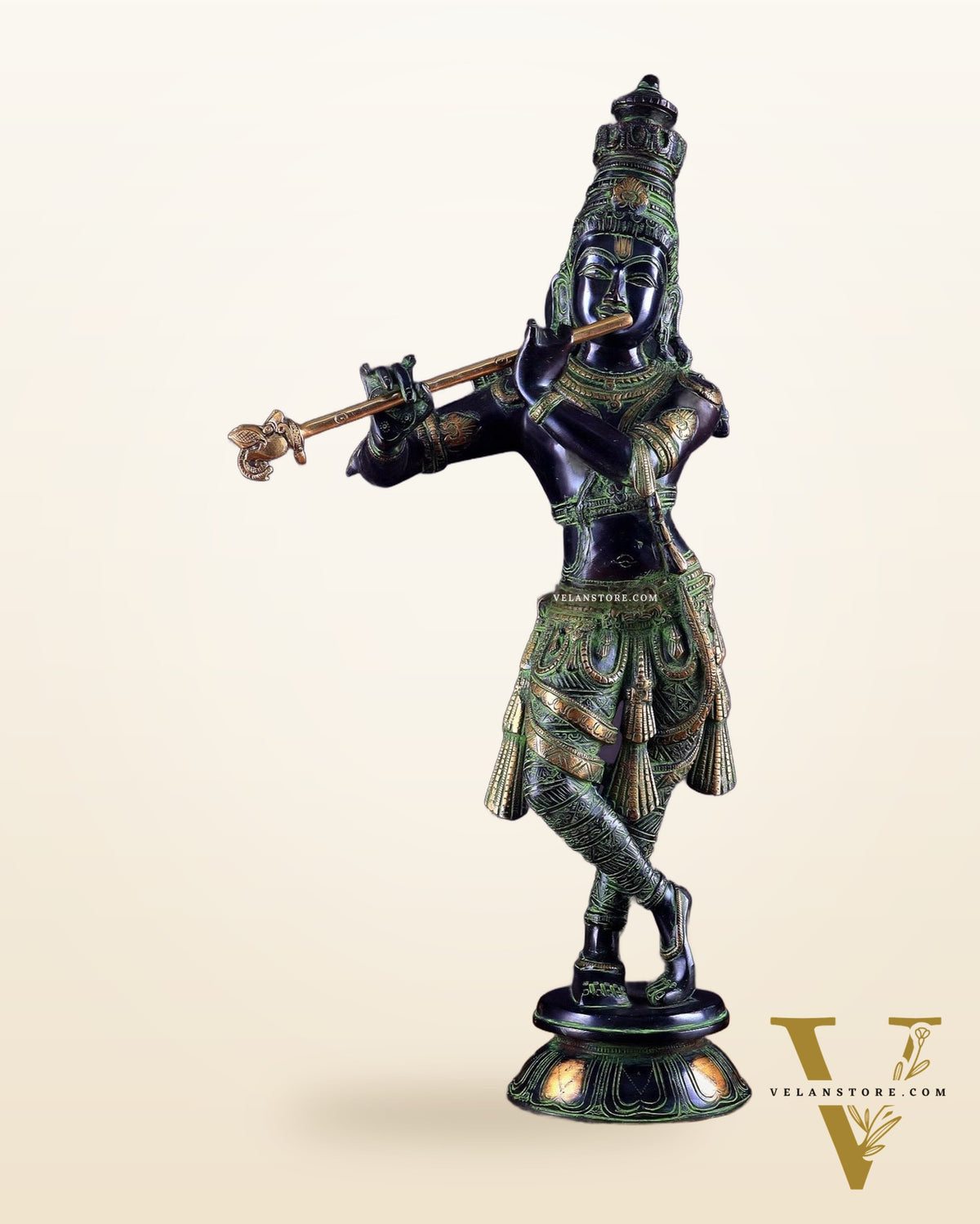 Pure Brass Lord Krishna Statue - Black, green and Gold Finish, 23 Inches