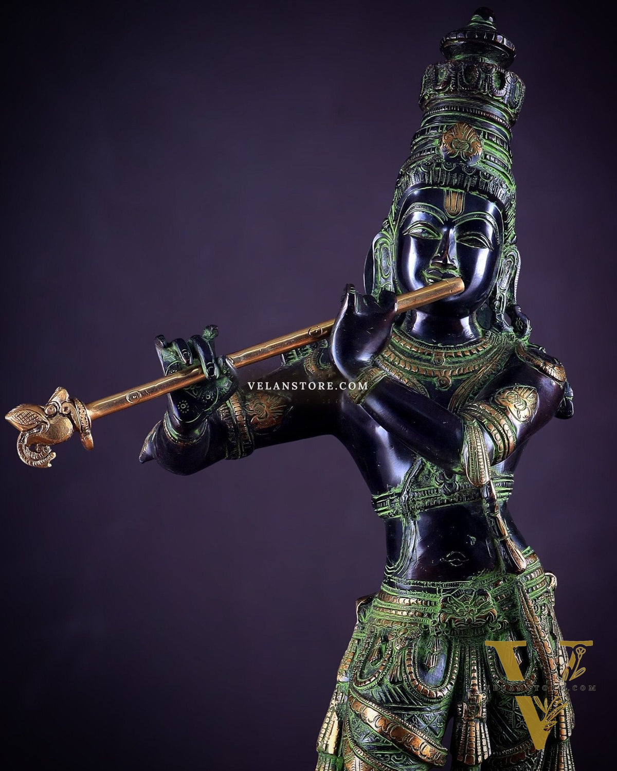 Pure Brass Lord Krishna Statue - Black, green and Gold Finish, 23 Inches