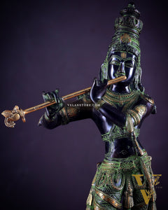 Pure Brass Lord Krishna Statue - Black, green and Gold Finish, 23 Inches